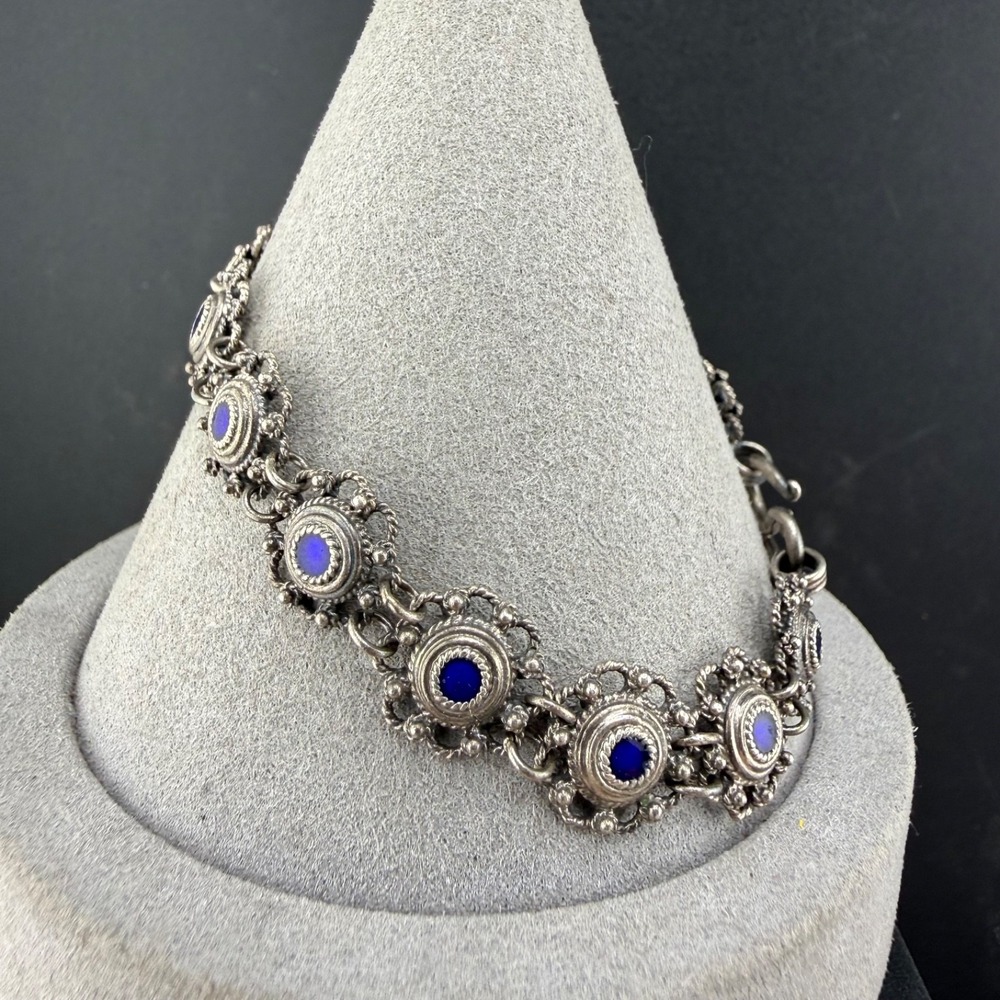 Vintage Estate Bracelet Silver Ethnic Link Blue Enamel Filigree 7in